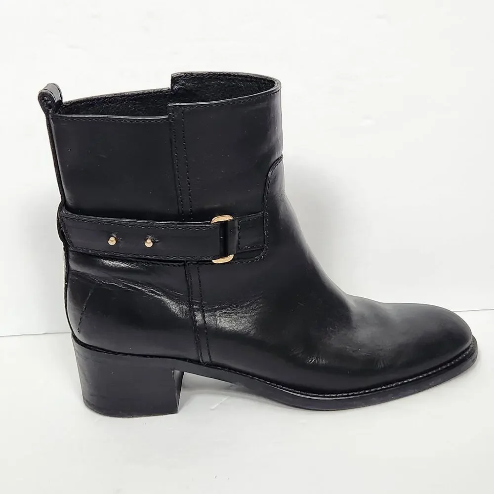 J CREW Black Leather Ankle Boots Womens Size 8 US Buckle Block Heel Booties